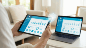 Une personne consulte une interface numérique sécurisée représentant la plateforme Laboconnect sur une tablette et un ordinateur portable, affichant des résultats d'analyses médicales graphiques dans un environnement domestique calme.